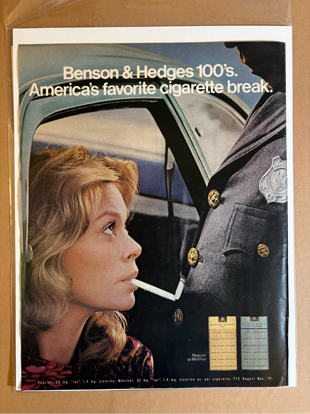 1971 Benson & Hedges 100’s Cigarette Ad Woman With Policeman Vintage Original